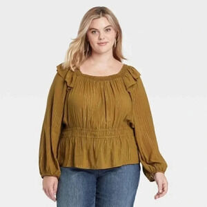 Balloon Sleeve green brown & golden metallic Peplum Blouse - Universal Thread xl